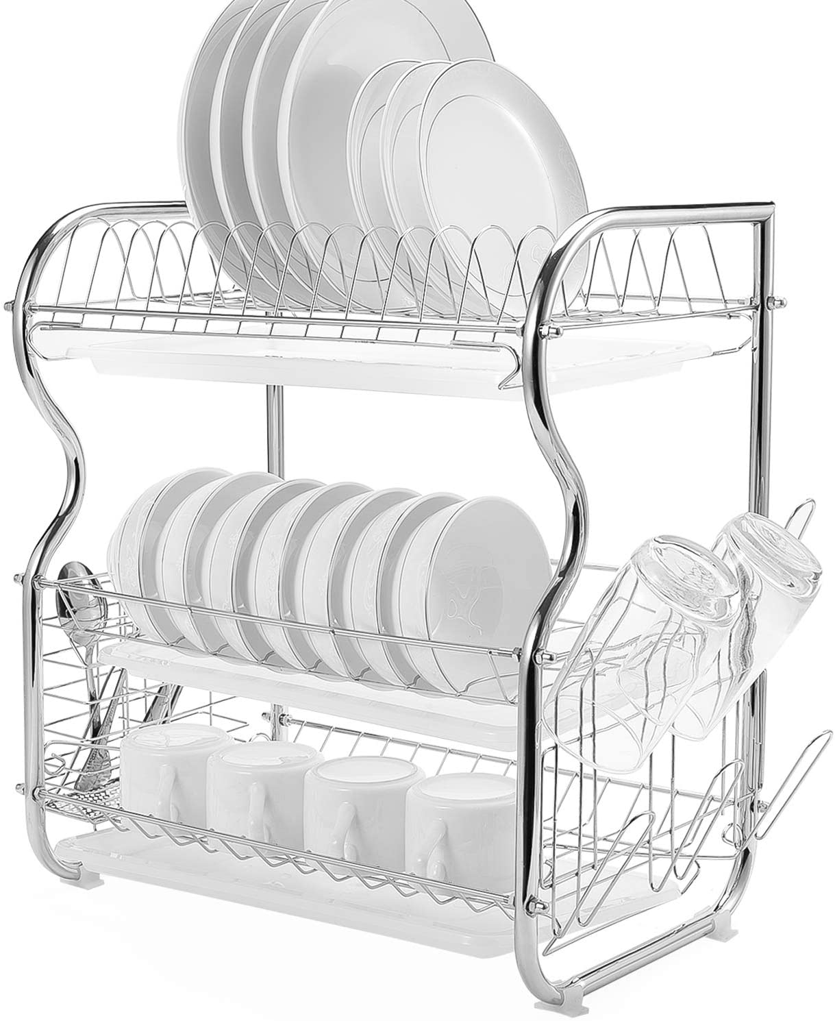 3 Tier Dish Rack with Utensil Holder, Cup Holder and Dish Drainer